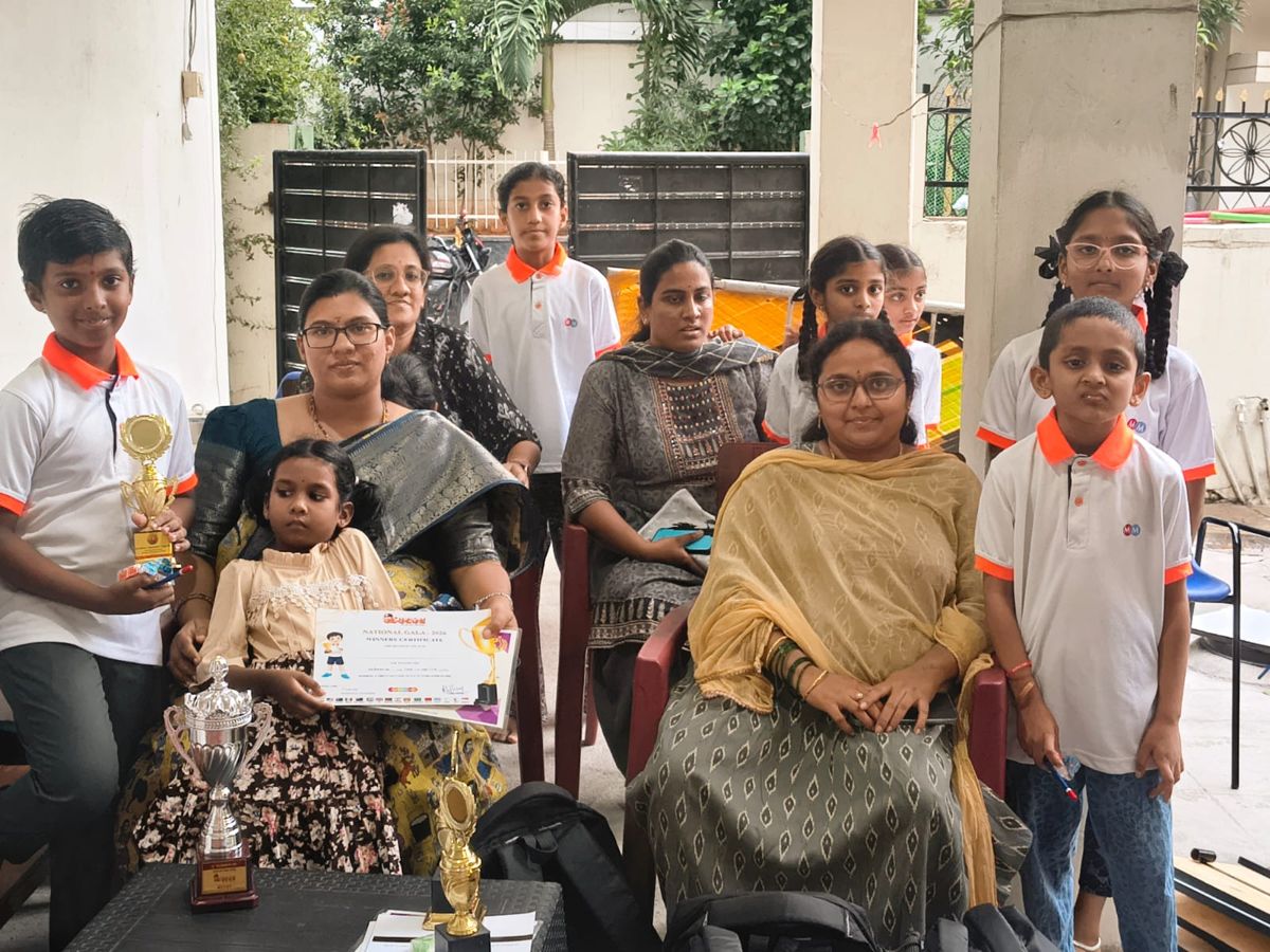 Maanas students with their teacher and trophies